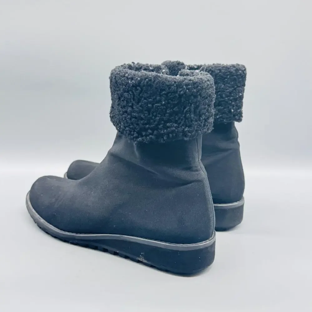 Stuart Weitzman Boots Womens 8 Black Ankle Shearling Cuff Side Zip Wedge Winter